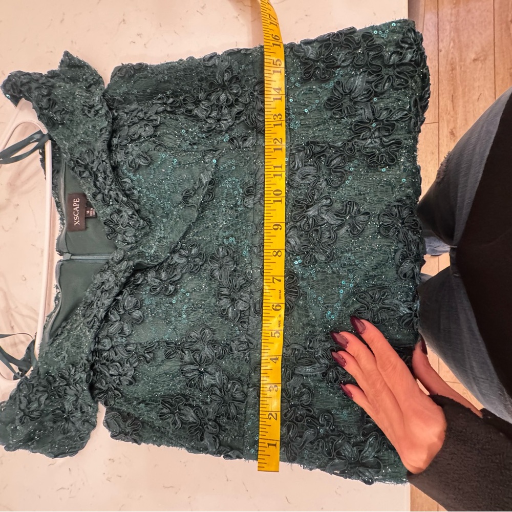 Xscape Dark Green Off-Shoulder Sequin Lace Maxi Dress - Picture 9 of 10